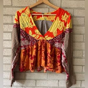 Free People Aloha State Of Mind Blouse V Neck Dolman Sleeve Small Yellow Orange